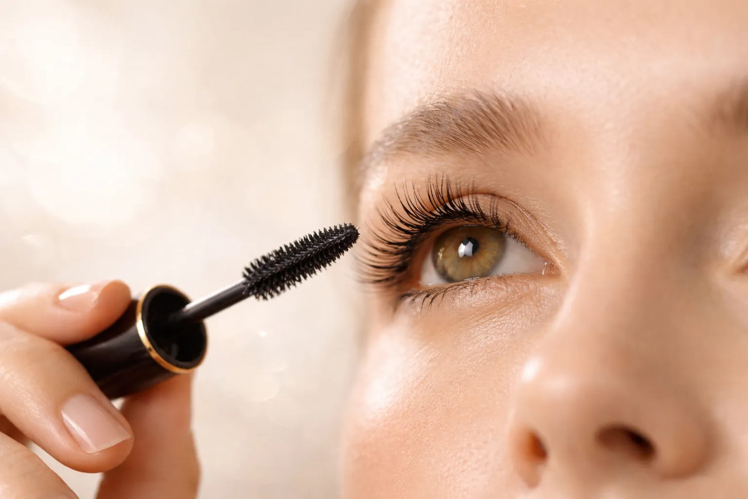 Close-up of a woman applying premium mascara to long, healthy natural eyelashes in a luxury beauty editorial style